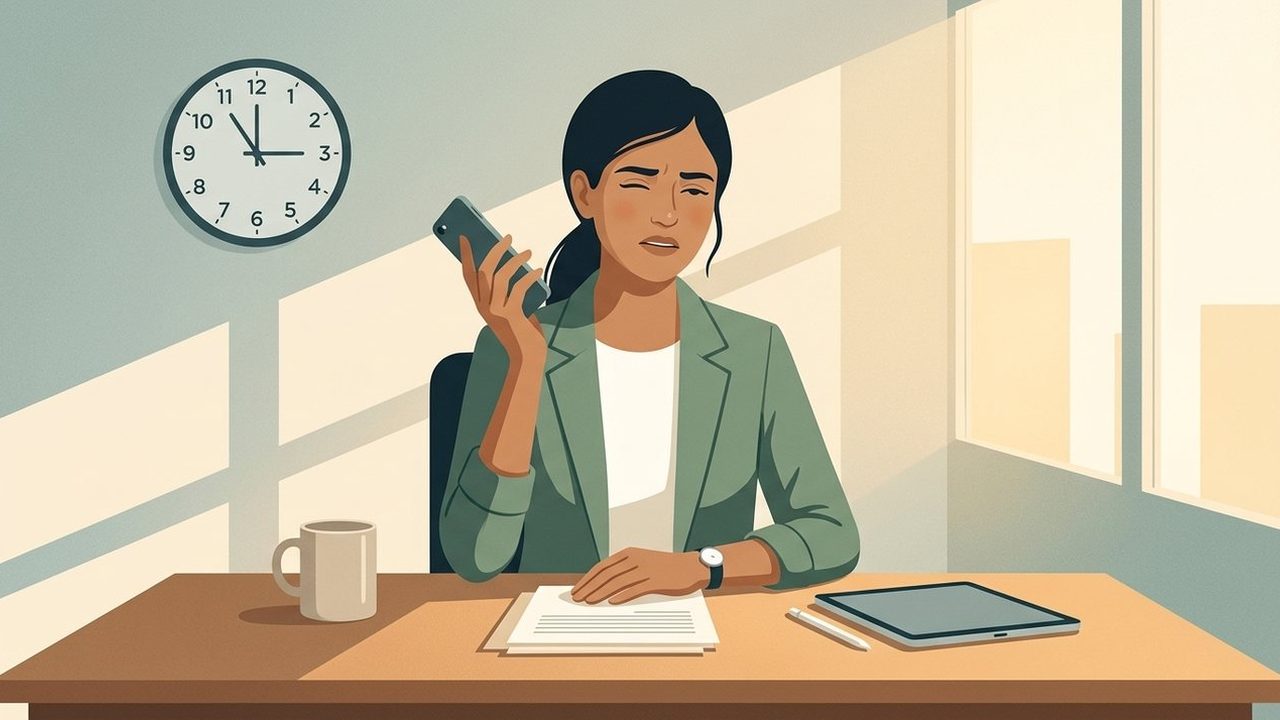 Emma takes a difficult call at her desk, calm and focused